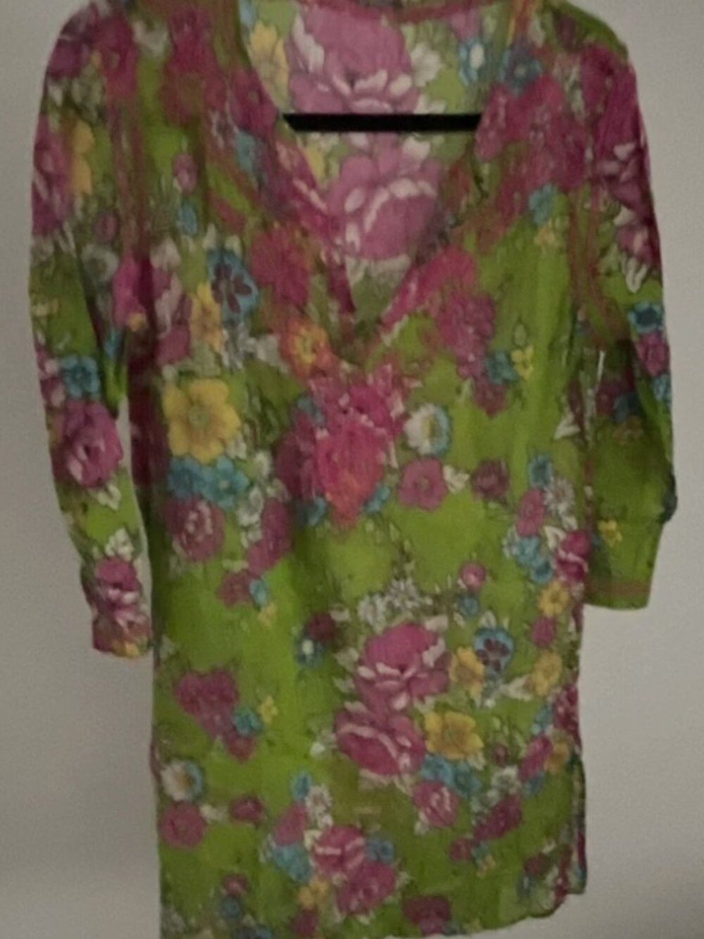 Matta NY XL Green Floral Embroidered Tunic Dress Boho 3/4 Sleeve Cotton